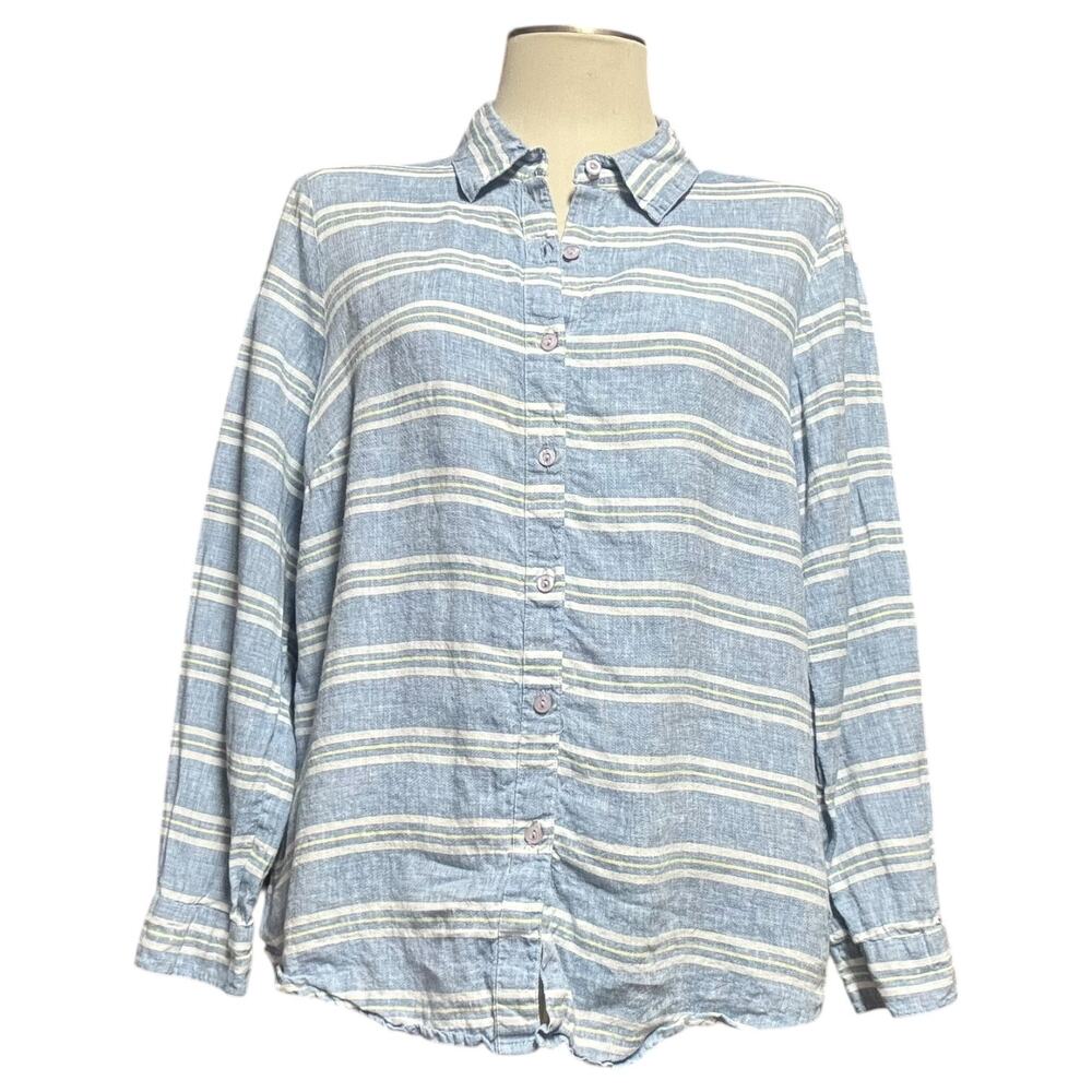 Coldwater Creek Linen Long Sleeve Button Up Top Blue White Yellow Medium